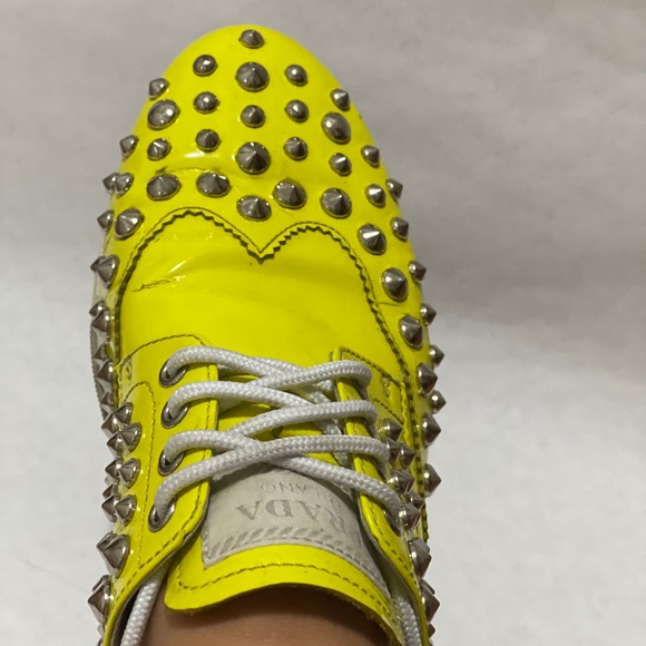 PRADA Neon Yellow Studded Sneakers - Picture 5 of 7